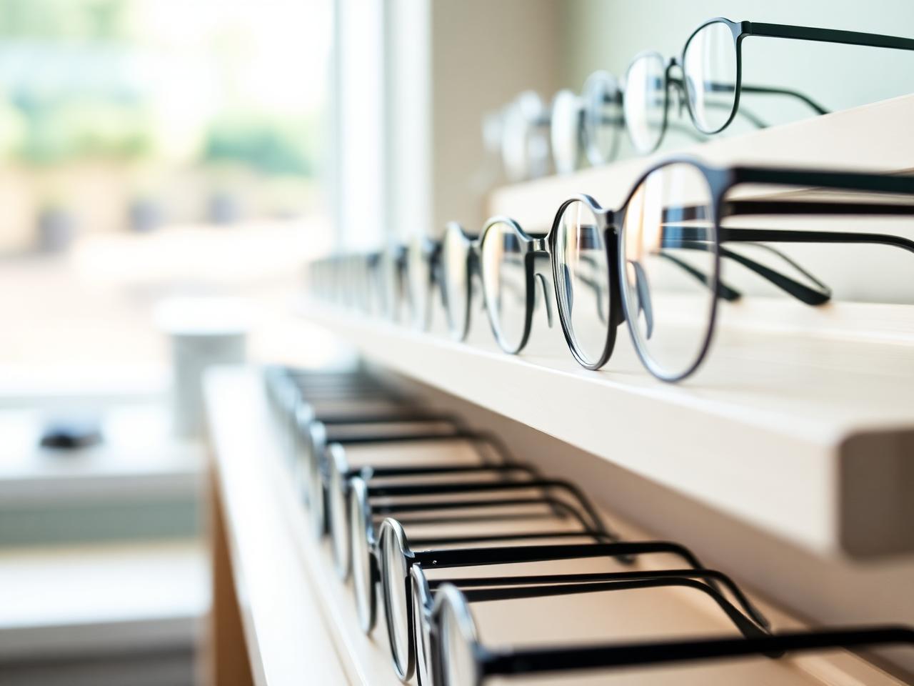Eyeglass frames displayed on the dispensing shelves at Mortdale Eyecare